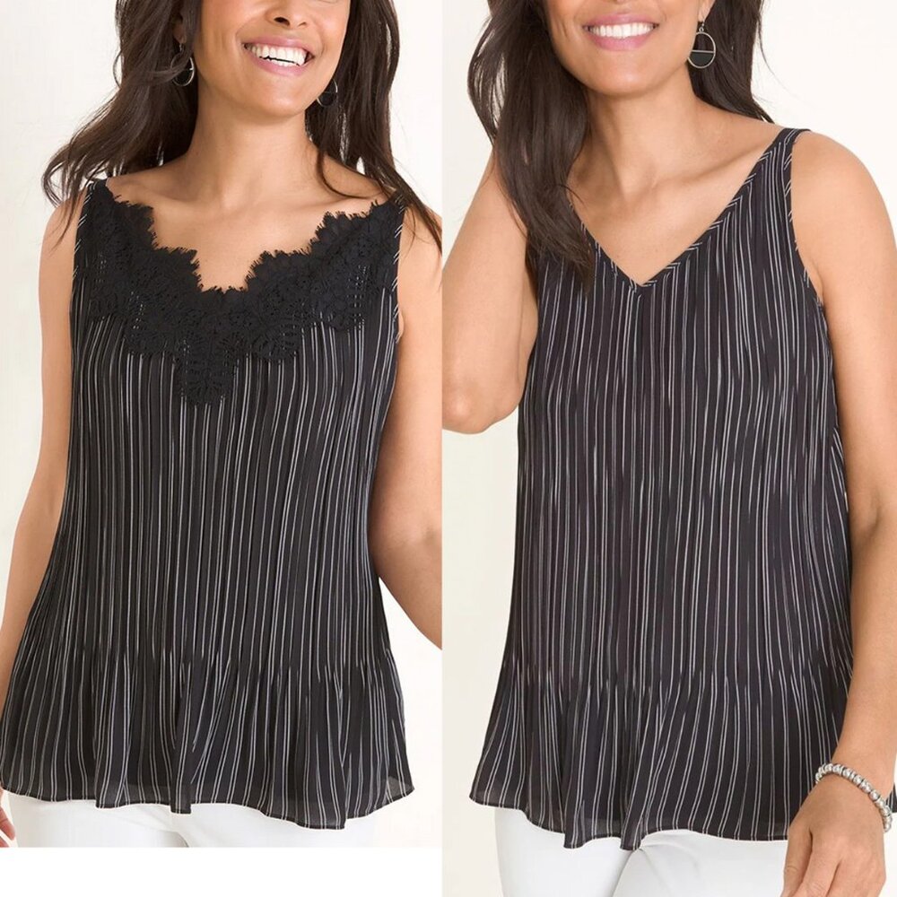 Convertible Striped Pleated Lace-Detail Tank